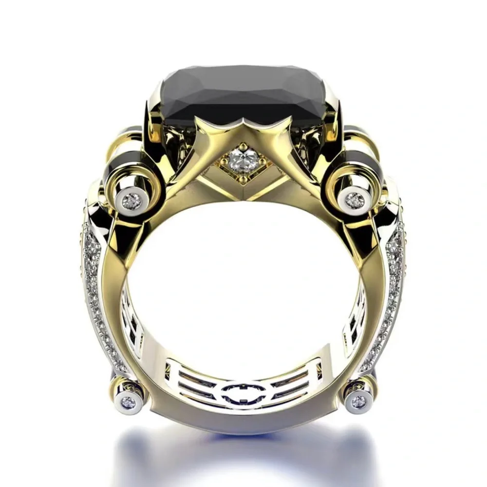 Men’s fashionable faceted black stone gold metal gentleman band ring NWT 13